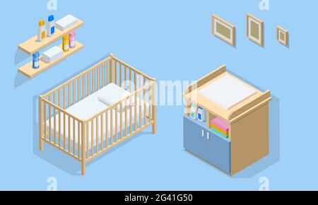 Isometirc Inneneinrichtung für Babyzimmer. Kinderbett, Wickeltisch, Wandregal und Bilderrahmen. Ikonen von Holzmöbeln. Stock Vektor