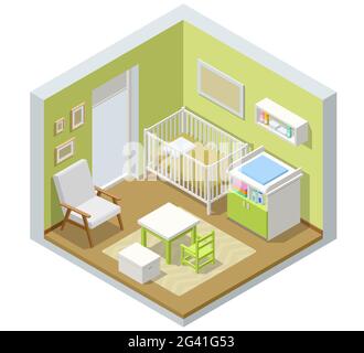 Isometrisches Kinderzimmer mit modernen Möbeln. Die Idee zur Inneneinrichtung. Kinderzimmer für ein neugeborenes Baby. Stock Vektor