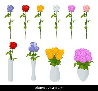 Isometrischer Satz von Zweigen aus roten, weißen, rosa, blauen Rosen isoliert auf weißem Hintergrund. Ein Strauß Rosen in einer Vase. Stock Vektor