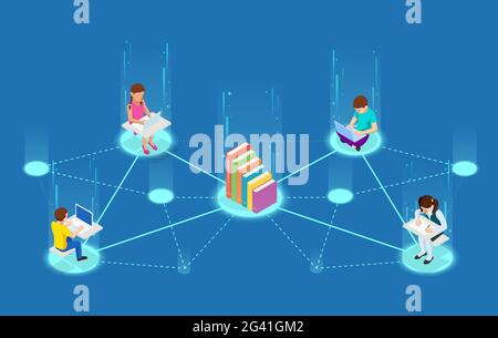 E-Learning, Online-Bildung zu Hause. Isometrisches Konzept für digitales Lesen, E-Klassenraum-Lehrbuch, moderne Bildung, Online-Schulungen und -Kurse, Audio Stock Vektor