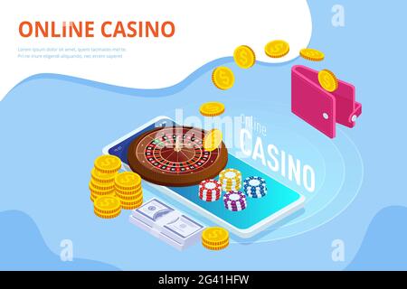 Isometrisches Online Casino-Konzept. Online Big Slots Casino Marketing Banner, Gaming Apps Web Landing Page Vorlage. Stock Vektor