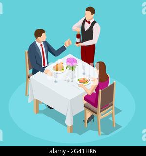 Abendessen Im Restaurant. Junges Paar beim Abendessen in einem Restaurant. Mann und Frau sitzen am Tisch, der Kellner nimmt die Gerichte auf Bestellung. Isometrischer Vektor Stock Vektor
