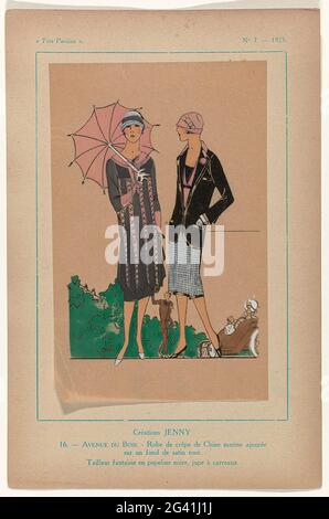 très Parisien, 1925, No. 7, Pl. 16: Création's Jenny - Avenue du Bois. Zwei Modelle des Modehauses Jenny. JAP von Crepe Chine und Waistleur von Black Popeline auf einem karierten Rock. Druck aus dem Modemagazin Très Parisien ... La Mode, Le Chic, L'Élégance (1920-1936) Stockfoto