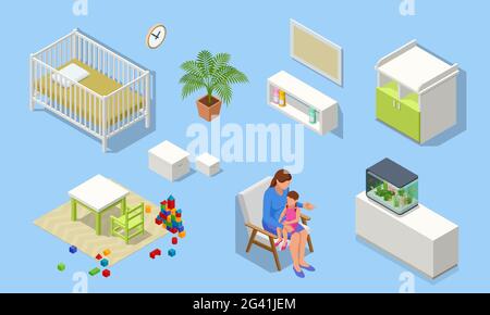 Isometirc Inneneinrichtung für Babyzimmer. Kinderbett, Wickeltisch, Stuhl, Baby und Mama. Ikonen von Holzmöbeln. Stock Vektor