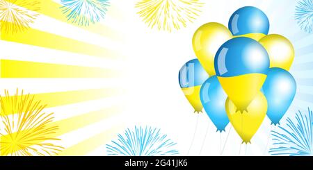 Ukraine Urlaubskarte mit Luftballons Feuerwerk. Sonderangebot 28. Juni, Wochenendrabatt. Vektor-Illustration für den ukrainischen Tag der Verfassung. Stock Vektor