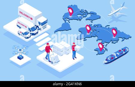 Globales Logistiknetzwerk isometrische Illustration Icons Satz von Luftfracht LKW-Bahn-Transport Seeschifffahrt pünktlich Lieferfahrzeuge Stock Vektor