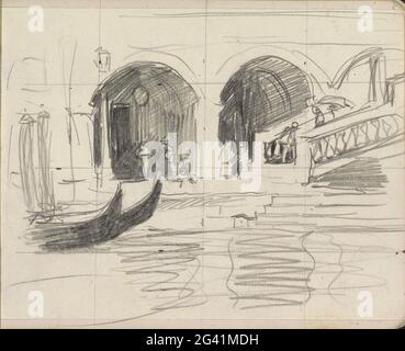 Blick auf die Treppe zur Rialtobrücke in Venedig. Auf dem Canal Grande zwei Gondeln. Seite 5 aus einem Skizzenbuch mit 26 Blättern. Stockfoto