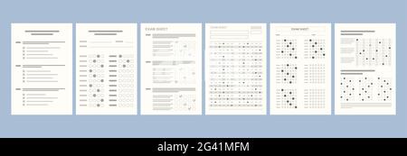 Flach verschiedene Versionen von Tests auf Papier. Schule und Bildung. Bewertungsbogen mit Antworten testen Stock Vektor