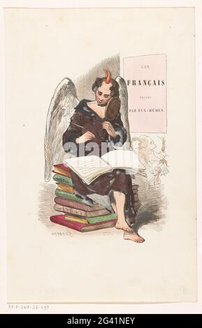 Inspiration; Titelseite für: Les Français Peints Par eux-mêmes, 1841. Eine allegorische Figur, mit einer Flamme auf dem Kopf als Zeichen der Inspiration und Flügeln auf dem Rücken, sitzend auf einem Stapel von Büchern. Mit der rechten Hand schreibt er in einem offenen Buch auf seinen Schoß, mit der linken Hand hält er einen Spiegel. Stockfoto