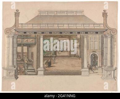 Collage mit dem Mord an Willem van Oranje aus verschiedenen Drucken. Das ETS, herausgegeben von Frans Hogenberg, mit dem Mord an Willem van Oranje, wurde auf einem Rückblatt montiert und zu einer Collage verarbeitet, für die Teile von sechs oder sieben anderen Drucken verwendet wurden. Der Prinsenhof, wo der Mord stattfindet, wurde mit Hilfe von Teilen von Architekturdrucken zu einem bedeutenden Palast geschnitten. Rechts wurde ein Fragment aus einem anderen Druck von Hogenberg hinzugefügt, nämlich der rechte Teil von La Motte-Gondrin hing in Valenciennes (1562). Das ganze ist von Hand gefärbt. Stockfoto