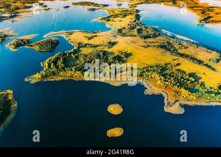 Braslaw Oder Braslau, Witebsk Voblast, Weißrussland. Luftaufnahme Des Nedrava Sees Und Der Grünen Waldlandschaft Im Sonnigen Herbstmorgen. Blick Von Oben Auf Wunderschön Stockfoto