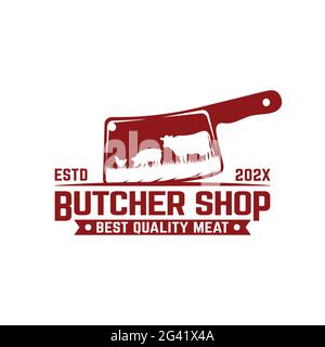 Fleischmesser mit einem Symbol für Hühnchen aus Schweinefleisch. Geeignet für Metzgerei Deli Beef Meat Shop Market Vintage Hipster Retro Logo Design Template. Stock Vektor