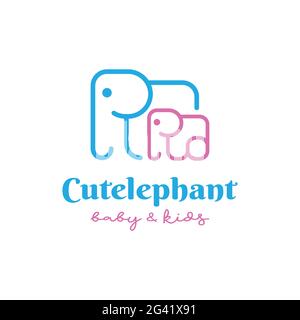 Niedlicher Spaß glücklich liebenswert Baby Kinder kleines Kind kleiner Elefant mit Mama einfache Linie Logo-Design für Baby und Kids Shop Stock Vektor