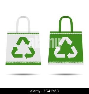 Öko-Beutel mit Recycling-Symbol. Isoliert auf weißem Hintergrund. Umweltschutz. Flacher Style. Umweltfreundliches Verpackungsdesign. Vektorgrafik Stock Vektor