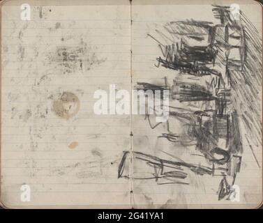 Straßenbahnen auf dem Dam-Platz in Amsterdam. Seite 33 und Seite 34 aus einem Skizzenbuch mit 33 Blättern. Stockfoto