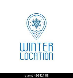 Winter Snow Location Pin in Simple Line Style Logo Design Template. Ein Pin mit Schneeflocke kann den Winter, einen Ort mit kaltem Wetter und eine verschneite Tour bedeuten Stock Vektor