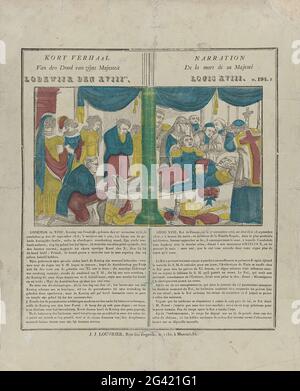 Kurzgeschichte / nach dem Tod seiner Majestät / Louis den XVIII. / Erzählung / de la Mort de sa majesté / Louis XVIII. König Ludwig XVIII. Wird unter einem Vordach niedergelegt. Hovelings trauern um seinen Körper. Unter dem Bild eine Beschriftung in Niederländisch und in Französisch in zwei Spalten. Rechts oben nummeriert: n. 194. B. Stockfoto