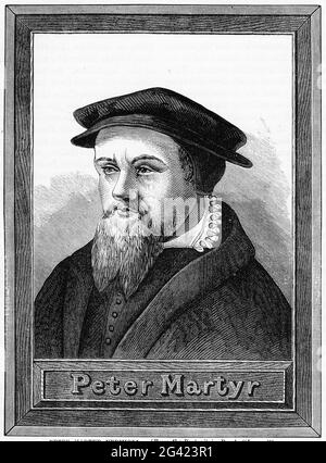 Stich von Peter Martyr Vermigli (1499 – 1562) war ein in Italien geborener reformierte Theologe. In England beeinflusste er die edwardianische Reformation, einschließlich des eucharistischen Dienstes des Buches des gemeinsamen Gebets von 1552. Stockfoto