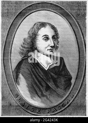 Eingraviertes Porträt von Blaise Pascal (1623 – 1662) französischer Mathematiker, Physiker, Erfinder, Philosoph, Schriftsteller und katholischer Theologe. Stockfoto