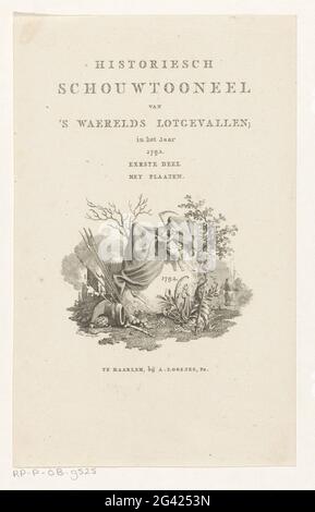 Allegorische Performance mit Putto mit zeis; Titelseite zu: S.N., Geschichte Schouwtoel van 's Waerels Schicksal der Vermögen im Jahr 1792, 1792. In der Mitte ist ein Stein mit dem Jahr 1792. Es gibt eine Leinwand darüber. Ein Putto fliegt mit einem zeis für den Stein. Auf der rechten Seite sind das Füllhorn, ein Caduceus und eine Lanze mit dem Freiheitshut. Auf der linken Seite sind verschiedene Waffen und Blasinstrumente. Stockfoto