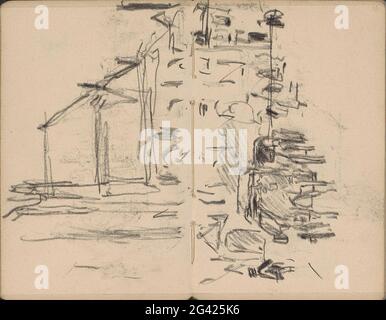 Blick auf den Damm mit der neuen Kirche. Blick auf den Damm, von der Kalverstraat aus gesehen, mit der neuen Kirche, einem Pferd und einer Kutsche und Figuren. Seite 11 und Seite 12 aus einem Skizzenbuch mit 43 Blättern, hergestellt in Amsterdam. Stockfoto