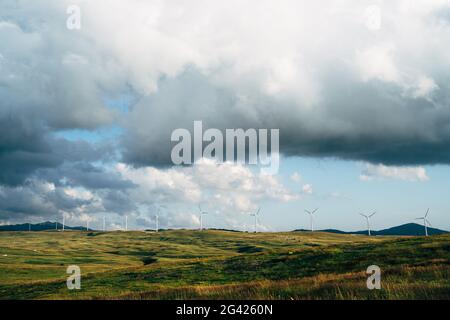 Panorama von vielen riesigen Windturbinen am Horizont mit blauem Himmel und Wolken. Umweltfreundliches Technologiekonzept. Industriewind weit entfernt Stockfoto