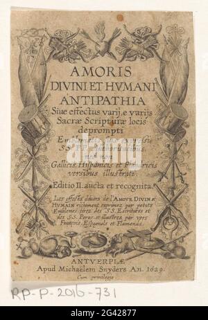 Webentrophien; Titelseite für: Ludovicus van Leuven, Amoris Divini et Humani Antipathia, 1629. Vorne Rahmen von Waffen und unten ein Hund, ein Lamm und eine Schüssel mit einem Herz mit Pfeil. Stockfoto