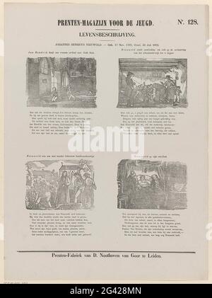 Johannes Henricus Nieuwold. - Geb. Nov. 17 1737, TÜR. 30. Juli 1812; Drucklager für die Jugend; Lebensbeschreibung. Blatt mit 4 Aufführungen aus dem Leben von Johannes Henricus Nieuwold. Über jedem Bild ein Titel, unter jedem Bild ein achtzeiliger Vers. Rechts oben nummeriert: Nr. 128. Stockfoto