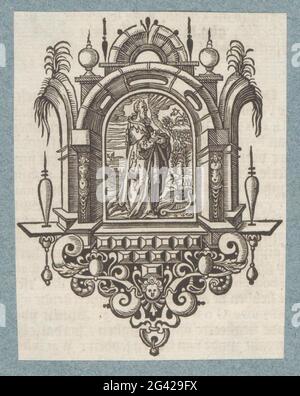 David; Propheten aus dem Alten Testament. David ist in einer Landschaft in einem ornamentalen Bilderrahmen. Neben ihm Harfe, Krone und Zepter. In der rechten oberen Ecke ein Lamm mit dem Banner der Auferstehung. Der Druck ist Teil eines Albums. Stockfoto
