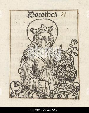 St. Dorothea; Dorothea; Liber chronicarum. Ein Blütenkelch mit einer heiligen Frau, an der Nimbus zu ihrem Kopf zu erkennen. In ihren Händen hat sie einen Korb mit Früchten und Blumen. Der Text identifiziert sie als die Heilige Dorothea. Der Druck ist Teil eines Albums. Stockfoto