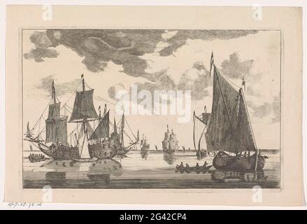 Segelschiffe und Schiffsschlaufen auf ruhigem Meer; Meereslandschaften. Links ein Kriegsschiff mit einem kleinen Segelschiff und einer Schlinge daneben. Auf der rechten Seite ein Segelschiff und eine Schiffsschlaufe. Stockfoto