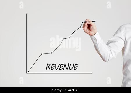 Businessman Hand zeichnet eine steigende Liniengrafik mit dem Wort Revenue. Konzept zur Steigerung des Geschäftsumsatzes. Stockfoto