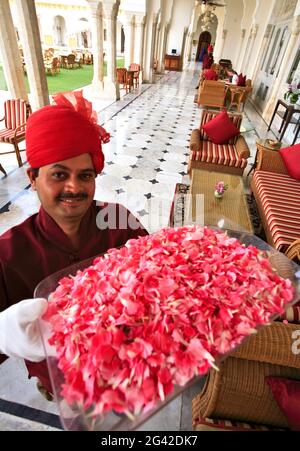 A, RAJASTHAN, JAIPUR, MITTAGESSEN IM TAJ RAMBAGH PALACE RESTAURANT Stockfoto