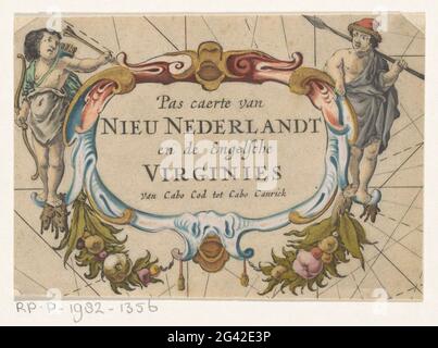 Jäger und Kartusche; Pas Caerte van Nieu Nederlandt und die englischen Jungfrauinnen (...). Auf beiden Seiten einer Rocaille-Kartusche mit Titel befindet sich ein Jäger mit Pfeil und Bogen und mit Speer. Unten zwei Girlanden. Detail einer Karte der Ostküste Nordamerikas von Cape Hatteras bis Cape Cod. Stockfoto