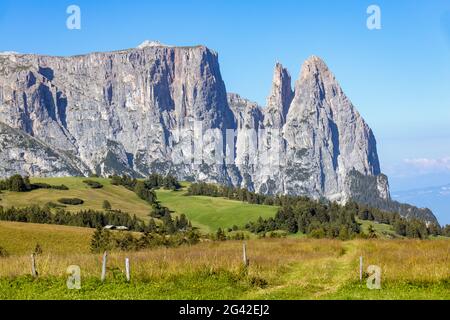 Blick auf den Schlern in den Dolomiten, Südtirol, Italien Stockfoto