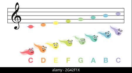 Musiknoten C-Dur-Skala mit bunten singenden lustigen Kaulquappen, Taste C - komische Illustration auf Weiß. Stockfoto