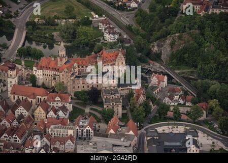 Luftaufnahme vom Schloss in Sigmaringen, Baden-Württemberg, Donau, Deutschland Stockfoto