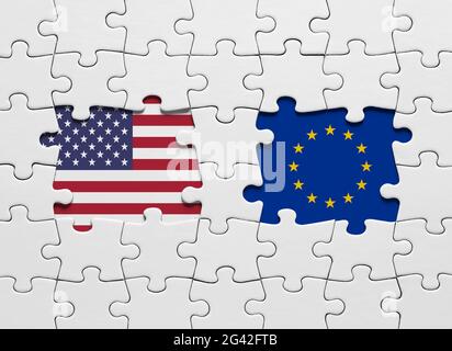 Puzzle mit den Flaggen der Vereinigten Staaten von Amerika und der Europäischen Union. Stockfoto