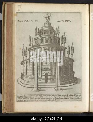 Mausoleum des Augustus in Rom; Mausoleo di Augusto; moderne und antike Denkmäler und Gebäude in Rom; Ornamenti di Fabriche Antichi und Moderni Dell 'Alma Citta di Roma. Text in italienischer Sprache unter der Show. Der Druck ist Teil eines Albums. Stockfoto