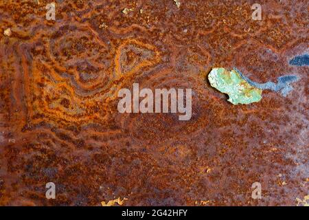 Kunstvoll verrostete flache Eisenoberfläche mit links abgeschälten Farben. Stockfoto