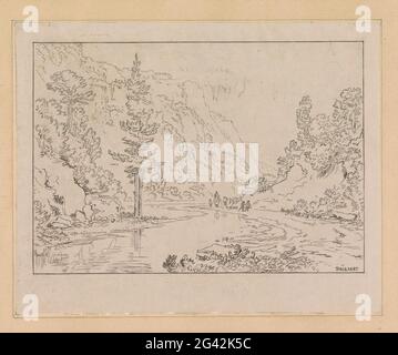 Berglandschaft mit Hirten am Flussufer. Berglandschaft mit Pinien. Rechts am Flussufer laufen ein paar Hirten. Stockfoto