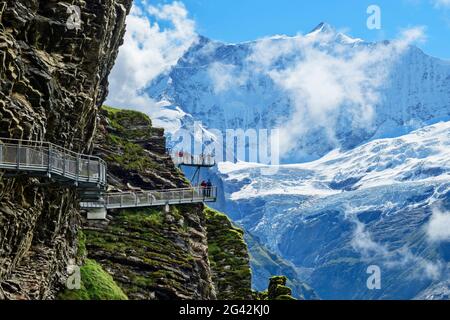 Mehrere Menschen stehen auf dem Cliff Walk mit Blick auf Fiescherhorn, Tissot Cliff Walk, First, Grindelwald, Berner Oberland, UNESCO-Welterbe Stockfoto