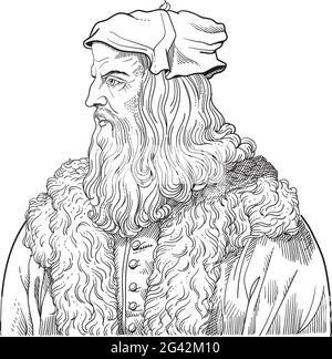 Leonardo Da Vinci line Art Portrait. Vektor. Stock Vektor