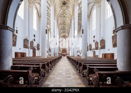 Blick auf den Altar in der Stadtpfarrkirche St. Martin, Lauingen, Bezirk Dillingen, Bayern, Donau, Deutschland Stockfoto