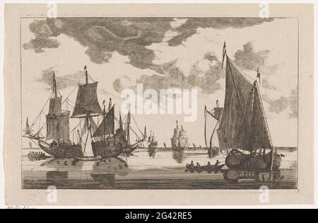 Segelschiffe und Schiffsschlaufen auf ruhigem Meer; Meereslandschaften. Links ein Kriegsschiff mit einem kleinen Segelschiff und einer Schlinge daneben. Auf der rechten Seite ein Segelschiff und eine Schiffsschlaufe. Stockfoto
