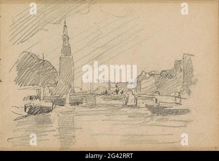 Blick auf die Oudeschans in Amsterdam mit dem Montelbaanstoren. Seite 9 aus einem Skizzenbuch mit 12 Blättern. Stockfoto