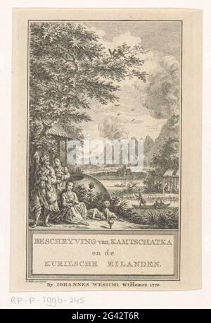 Allegorie über Kamtsjatka und die Kurilen; DAMYING VON KAMSSCHATKA und den Kurilschen Inseln; Titelseite für: Stepan Krasheninnikov, Naturexperte und NaturDelly Differve aus Kamtschatka und den Kurilschen Inseln, 1770. Ein Mann, eine Frau mit Baby, eine junge Frau mit Maut und ein Hund stehen vor einem Haus. Im Hintergrund ein Boot auf dem Wasser und ein Kirchturm in einer Berglandschaft. Stockfoto