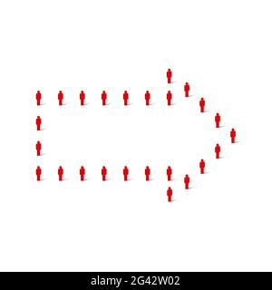 Menschenmenge in Form eines rechten Pfeils. Große Personengruppe. Stick Figur rot einfache Symbole. Illustration. Stockfoto