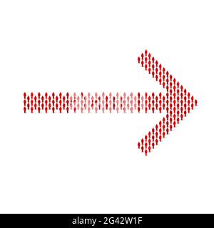 Menschenmenge in Form eines rechten Pfeils. Große Personengruppe. Stick Figur rot einfache Symbole. Illustration. Stockfoto