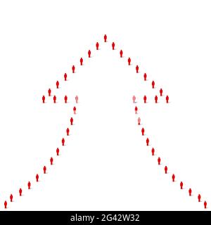 Menschenmenge in Form eines Pfeils nach oben. Große Personengruppe. Stick Figur rot einfache Symbole. Illustration. Stockfoto